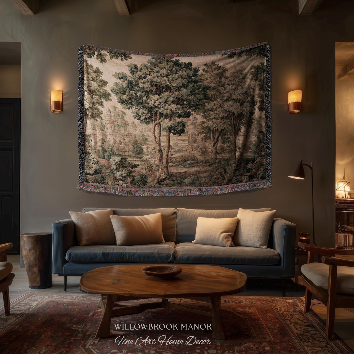 Scenic Countryside Manor English Garden Art Woven Tapestry | Estate Landscape Woodland Charm Old World European Pastoral Heritage Textile