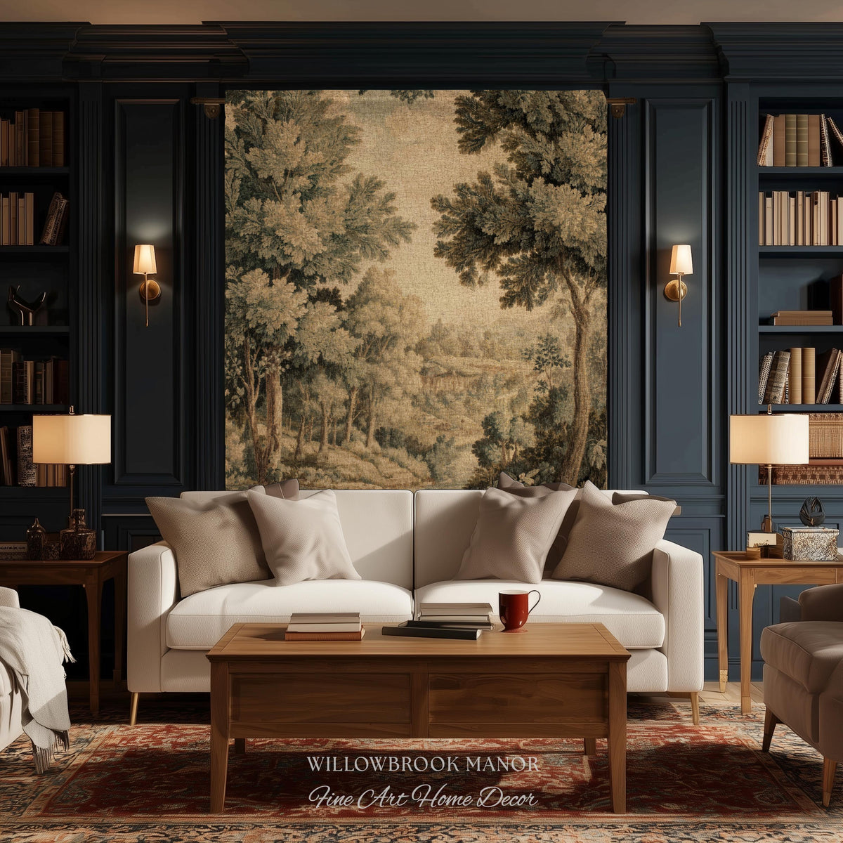 Soft Nature Tapestry Pastoral Wall Art Riverbank Scene 18th Century Decor | Muted Green Landscape Verdure Tapestries Scenic Woven Blanket