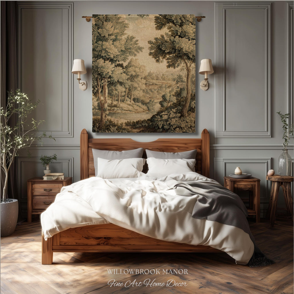 Soft Nature Tapestry Pastoral Wall Art Riverbank Scene 18th Century Decor | Muted Green Landscape Verdure Tapestries Scenic Woven Blanket
