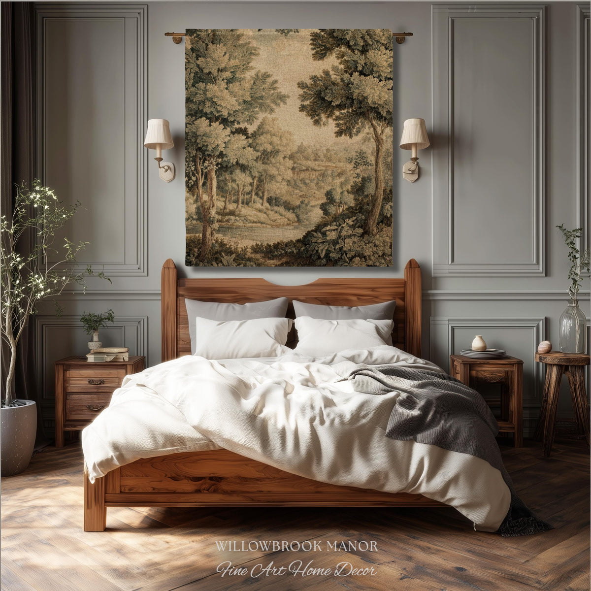 Soft Nature Tapestry Pastoral Wall Art Riverbank Scene 18th Century Decor | Muted Green Landscape Verdure Tapestries Scenic Woven Blanket