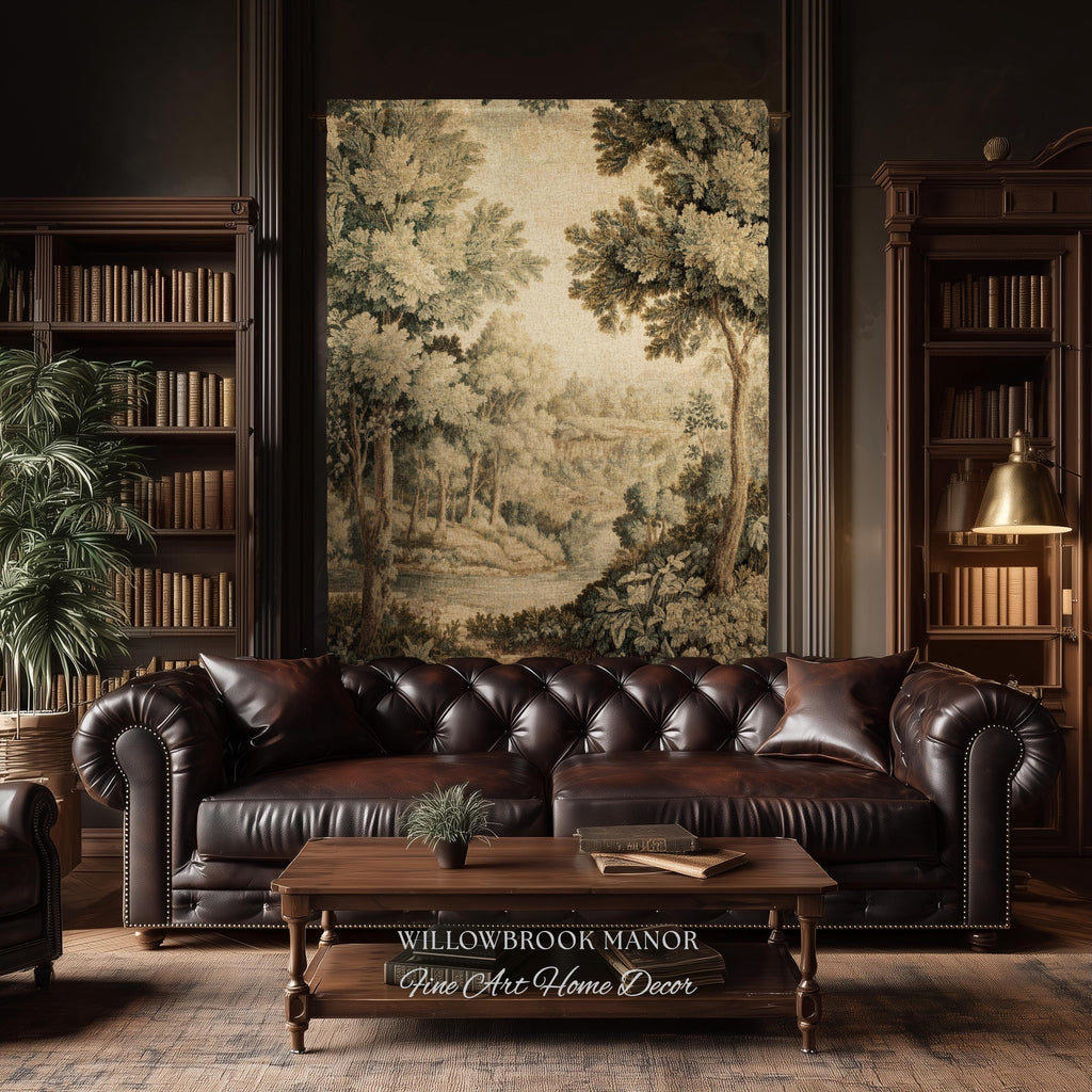 Soft Nature Tapestry Pastoral Wall Art Riverbank Scene 18th Century Decor | Muted Green Landscape Verdure Tapestries Scenic Woven Blanket