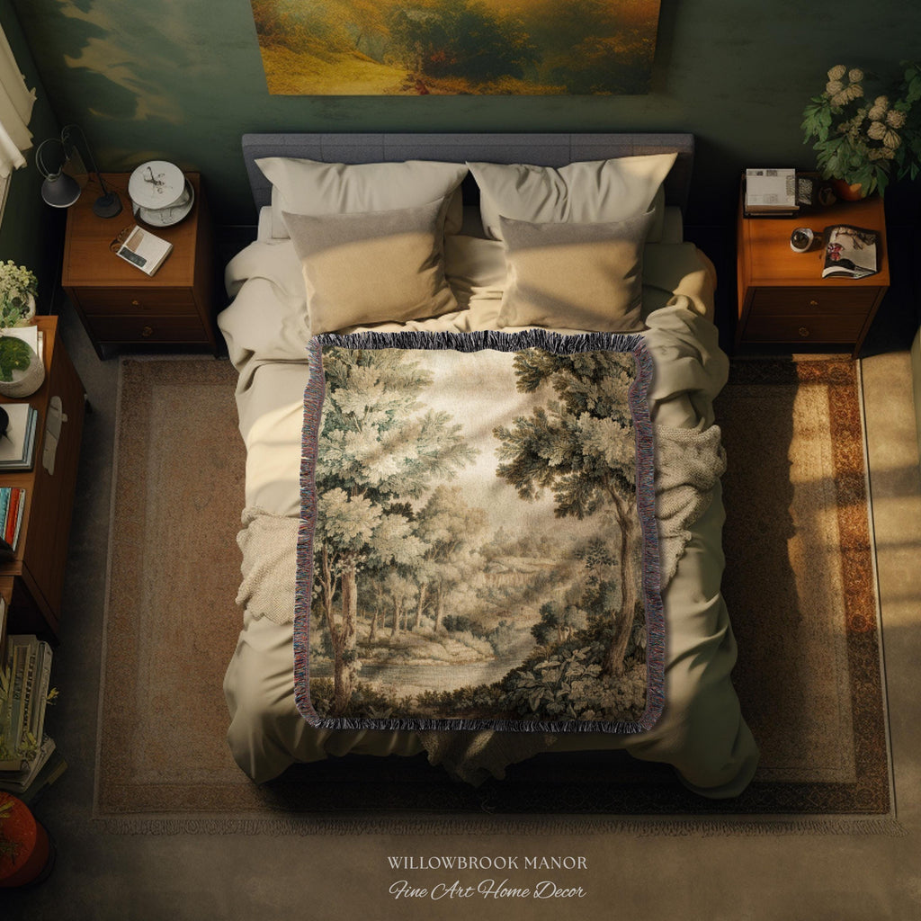 Soft Nature Tapestry Pastoral Wall Art Riverbank Scene 18th Century Decor | Muted Green Landscape Verdure Tapestries Scenic Woven Blanket