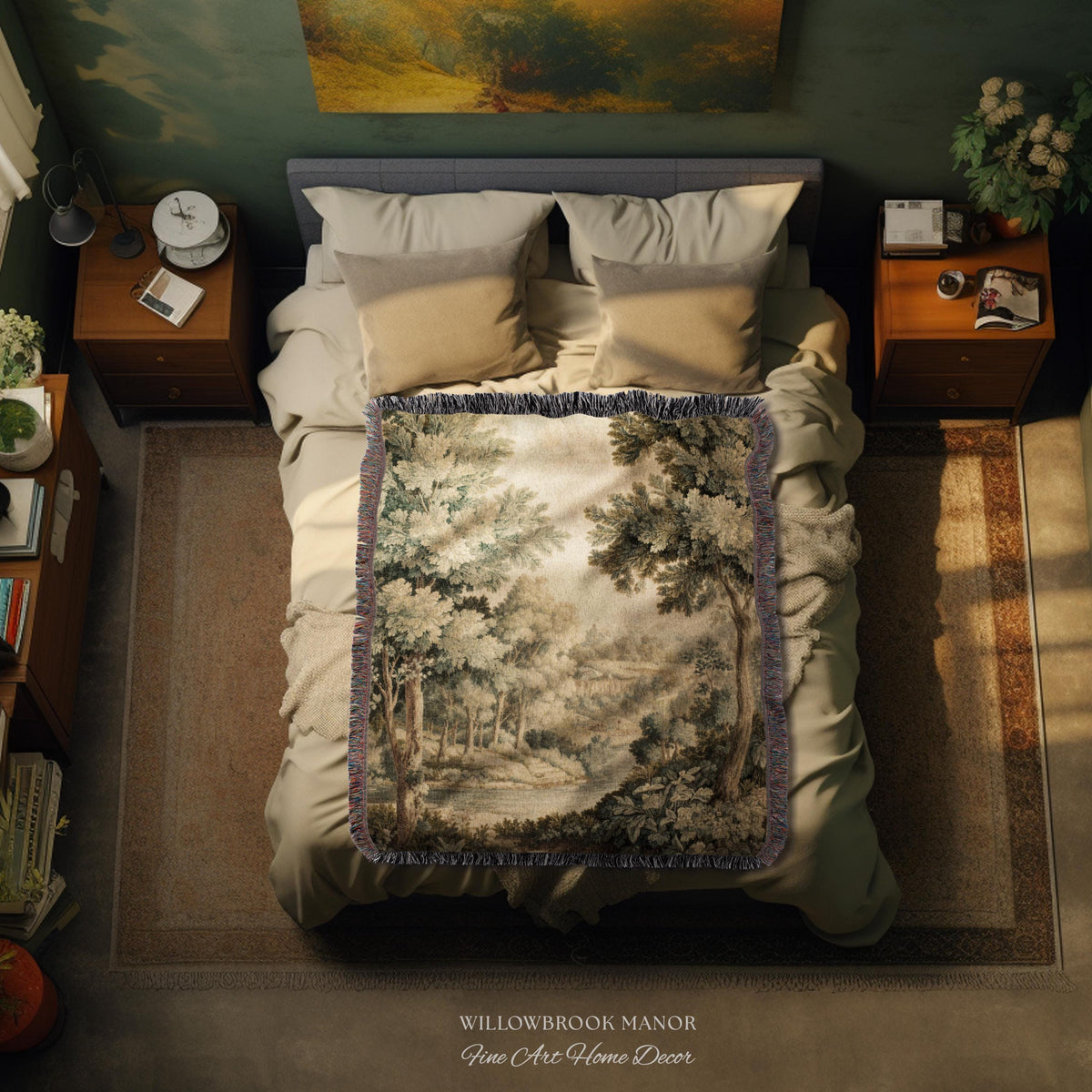 Soft Nature Tapestry Pastoral Wall Art Riverbank Scene 18th Century Decor | Muted Green Landscape Verdure Tapestries Scenic Woven Blanket