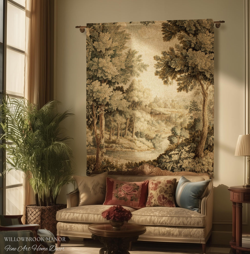 Soft Nature Tapestry Pastoral Wall Art Riverbank Scene 18th Century Decor | Muted Green Landscape Verdure Tapestries Scenic Woven Blanket