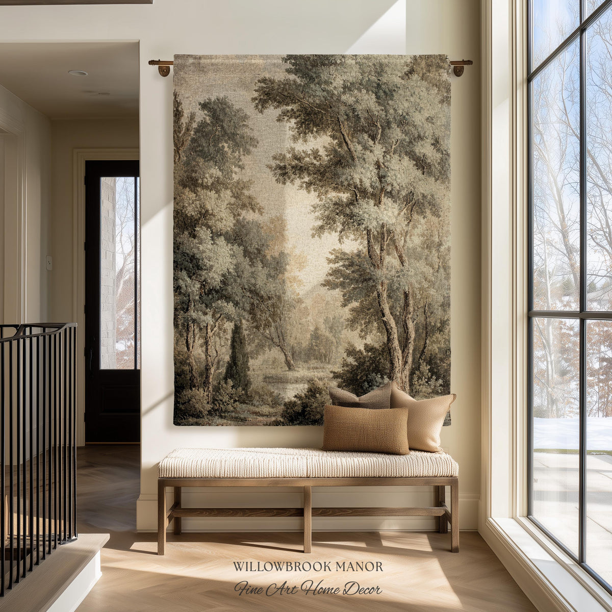 Old World Style Misty Woodland Decor Woven Tapestry Throw, English Countryside Home Textiles Peaceful Nature Neutral Forest Art Wall Hanging
