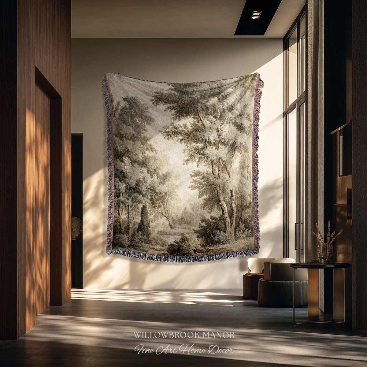 Old World Style Misty Woodland Decor Woven Tapestry Throw, English Countryside Home Textiles Peaceful Nature Neutral Forest Art Wall Hanging