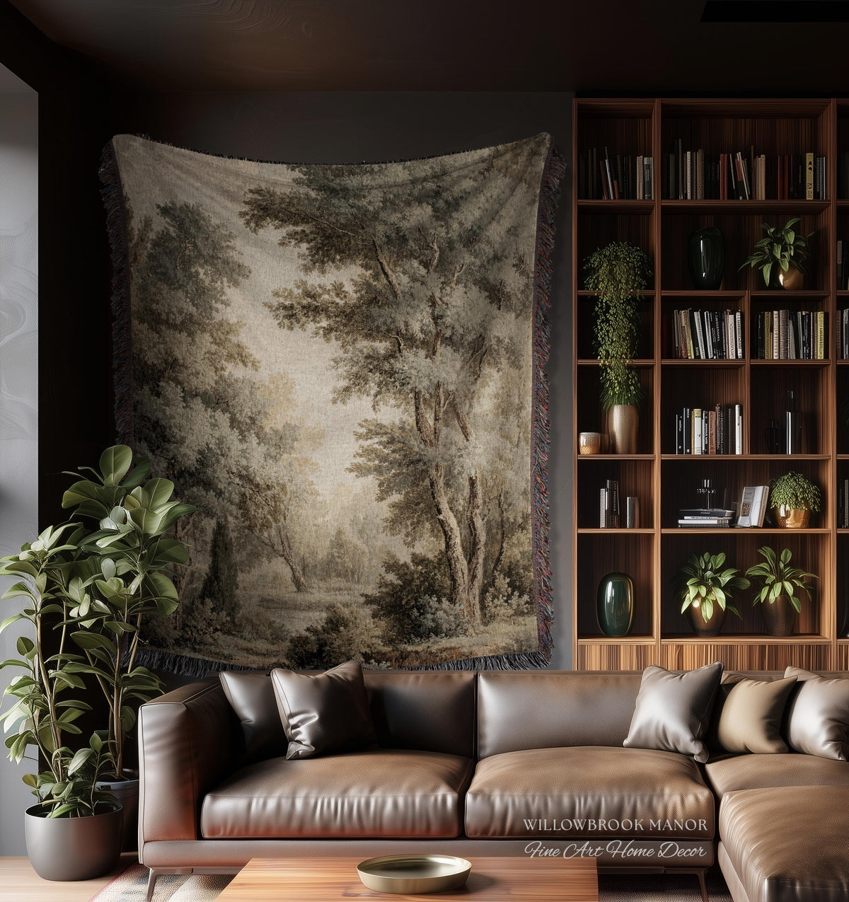 Old World Style Misty Woodland Decor Woven Tapestry Throw, English Countryside Home Textiles Peaceful Nature Neutral Forest Art Wall Hanging