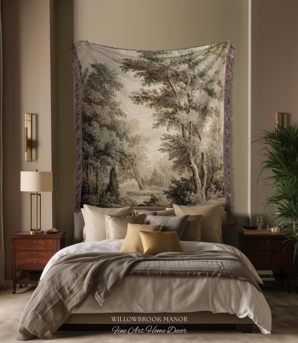 Old World Style Misty Woodland Decor Woven Tapestry Throw, English Countryside Home Textiles Peaceful Nature Neutral Forest Art Wall Hanging