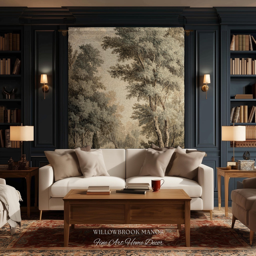 Old World Style Misty Woodland Decor Woven Tapestry Throw, English Countryside Home Textiles Peaceful Nature Neutral Forest Art Wall Hanging