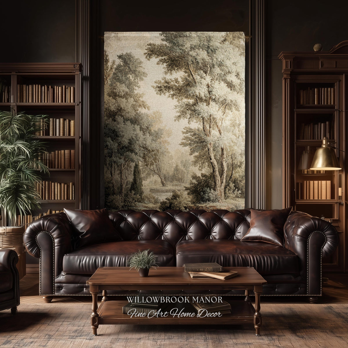 Old World Style Misty Woodland Decor Woven Tapestry Throw, English Countryside Home Textiles Peaceful Nature Neutral Forest Art Wall Hanging