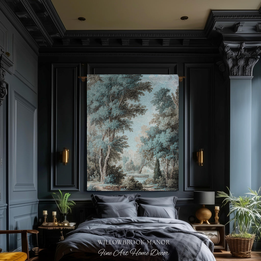 Lakeside Blue Verdure Classical Woven Tapestry Cool Tone Serene Nature Scene Art, Woodland Sky Meadow Landscape Jacquard Woven Throw Blanket