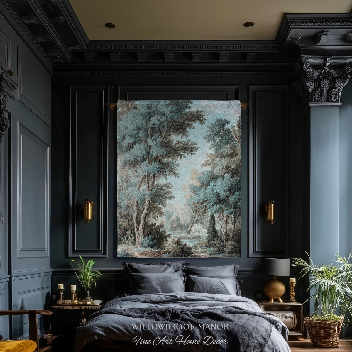 Lakeside Blue Verdure Classical Woven Tapestry Cool Tone Serene Nature Scene Art, Woodland Sky Meadow Landscape Jacquard Woven Throw Blanket