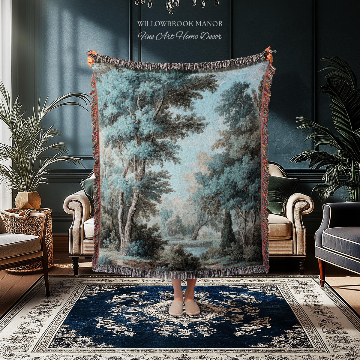Lakeside Blue Verdure Classical Woven Tapestry Cool Tone Serene Nature Scene Art, Woodland Sky Meadow Landscape Jacquard Woven Throw Blanket