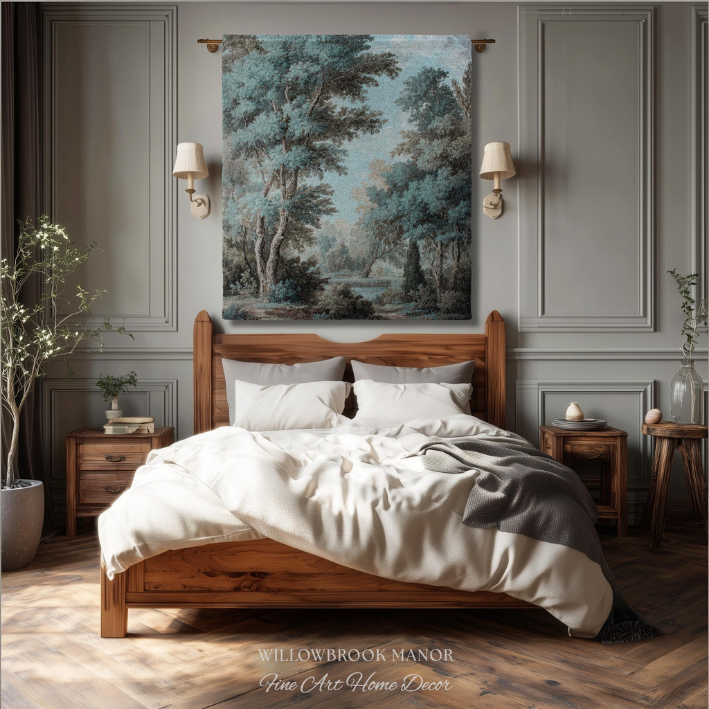 Lakeside Blue Verdure Classical Woven Tapestry Cool Tone Serene Nature Scene Art, Woodland Sky Meadow Landscape Jacquard Woven Throw Blanket