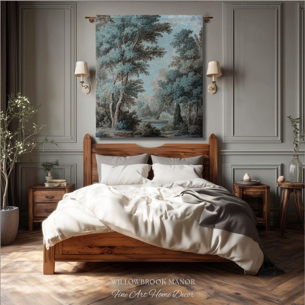 Lakeside Blue Verdure Classical Woven Tapestry Cool Tone Serene Nature Scene Art, Woodland Sky Meadow Landscape Jacquard Woven Throw Blanket