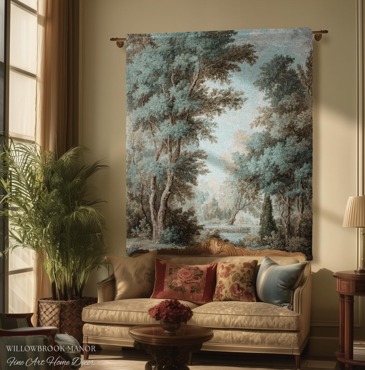 Lakeside Blue Verdure Classical Woven Tapestry Cool Tone Serene Nature Scene Art, Woodland Sky Meadow Landscape Jacquard Woven Throw Blanket