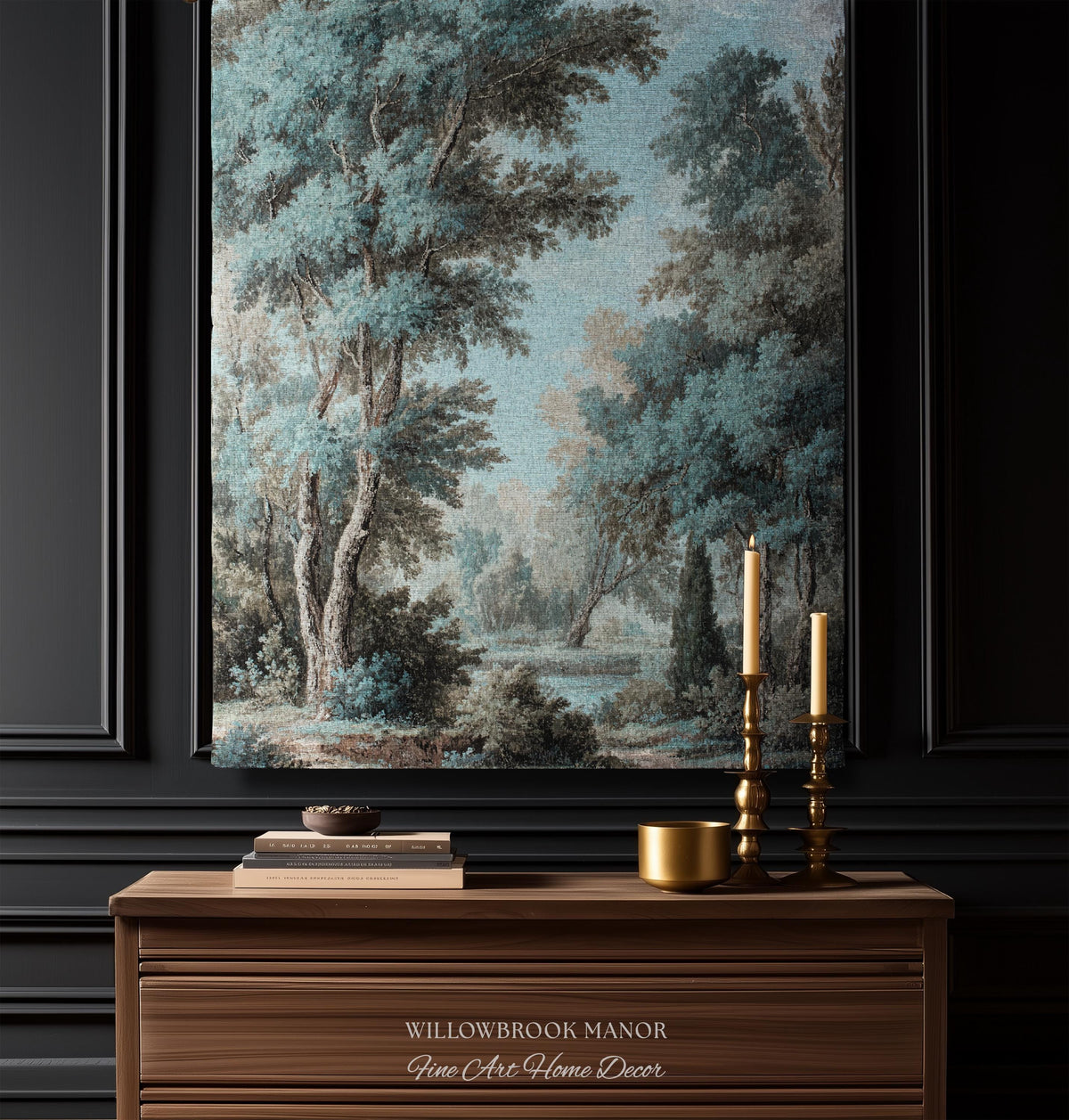 Lakeside Blue Verdure Classical Woven Tapestry Cool Tone Serene Nature Scene Art, Woodland Sky Meadow Landscape Jacquard Woven Throw Blanket