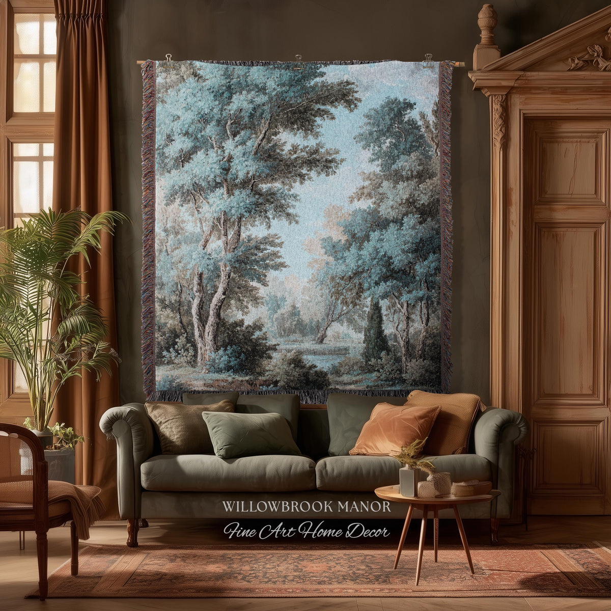 Lakeside Blue Verdure Classical Woven Tapestry Cool Tone Serene Nature Scene Art, Woodland Sky Meadow Landscape Jacquard Woven Throw Blanket