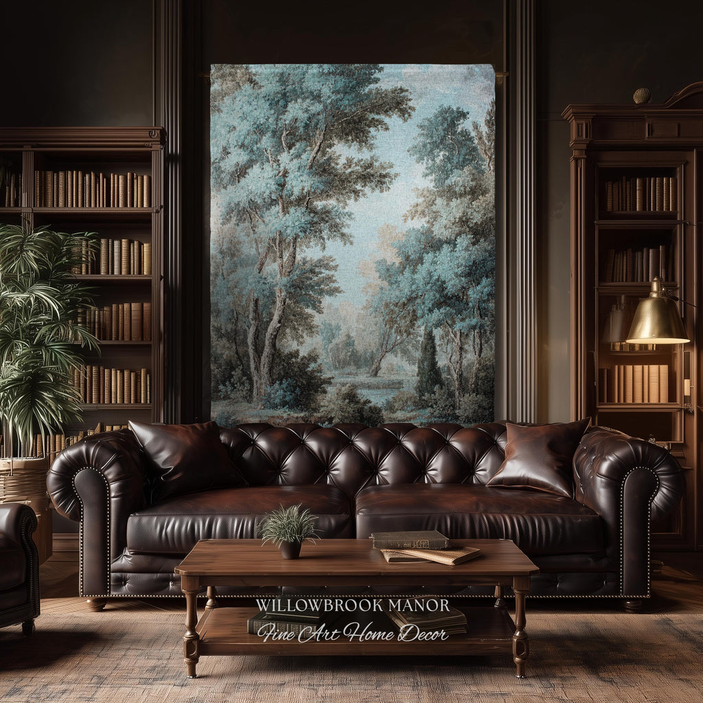 Lakeside Blue Verdure Classical Woven Tapestry Cool Tone Serene Nature Scene Art, Woodland Sky Meadow Landscape Jacquard Woven Throw Blanket