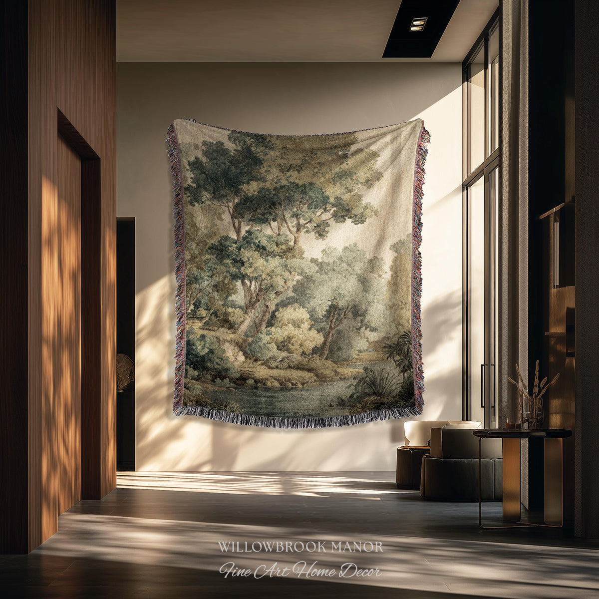 Serene Nature Scene Woven Tapestry Throw European Textile Art, Misty Woodland Art Elegant Earth Tone Forest Wall Hanging Heritage Home Decor