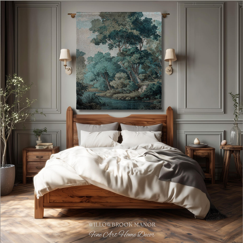 Hidden Grove Teal Blue Woven Tapestry | Romantic Waterside Landscape Serene Coastal Forest Throw Blanket Woodland Jacquard Tonalist Artwork