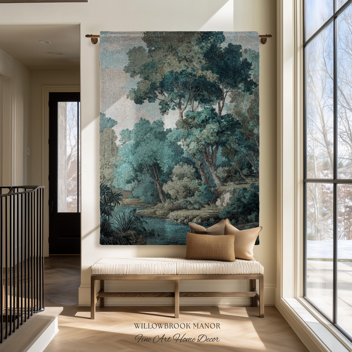 Hidden Grove Teal Blue Woven Tapestry | Romantic Waterside Landscape Serene Coastal Forest Throw Blanket Woodland Jacquard Tonalist Artwork