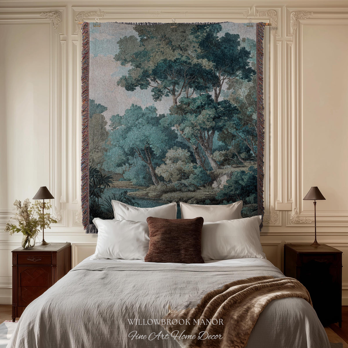 Hidden Grove Teal Blue Woven Tapestry | Romantic Waterside Landscape Serene Coastal Forest Throw Blanket Woodland Jacquard Tonalist Artwork