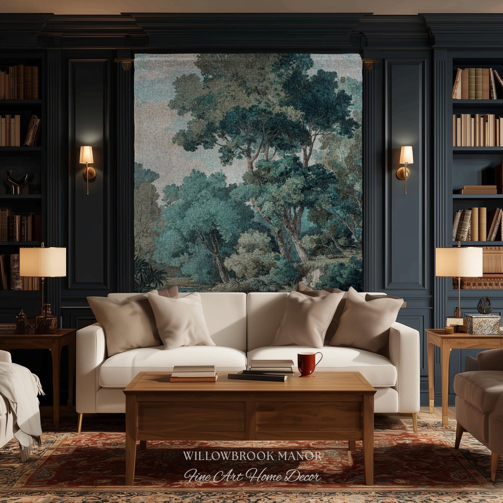 Hidden Grove Teal Blue Woven Tapestry | Romantic Waterside Landscape Serene Coastal Forest Throw Blanket Woodland Jacquard Tonalist Artwork