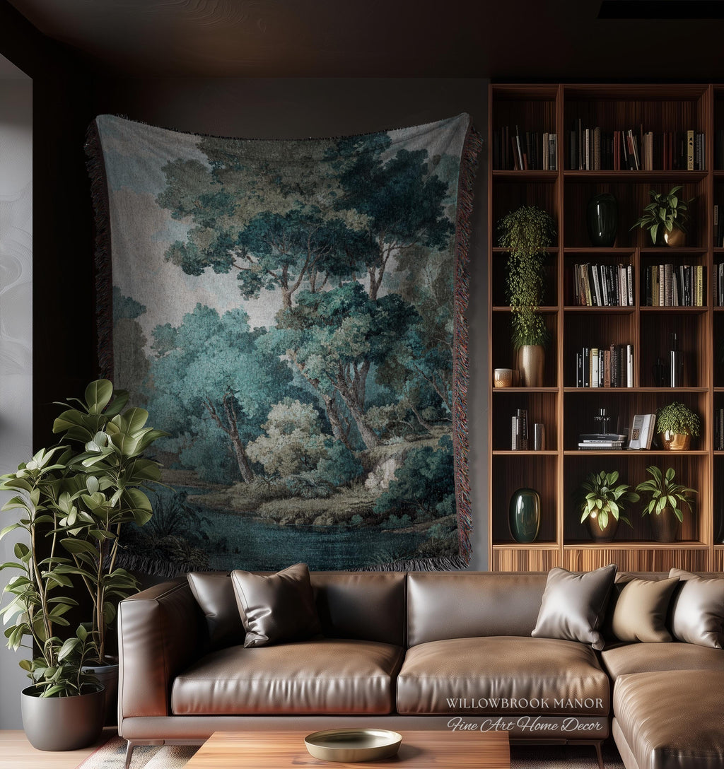 Hidden Grove Teal Blue Woven Tapestry | Romantic Waterside Landscape Serene Coastal Forest Throw Blanket Woodland Jacquard Tonalist Artwork