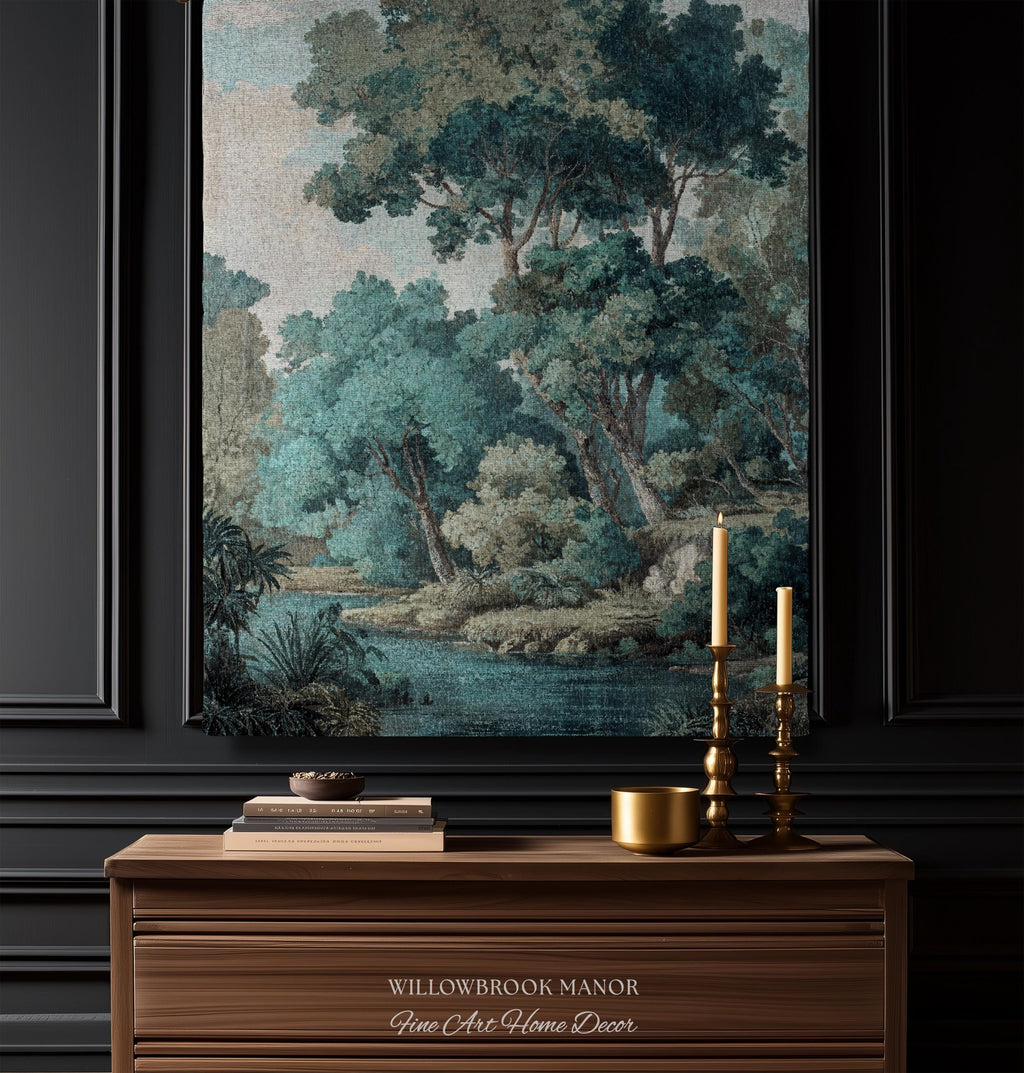 Hidden Grove Teal Blue Woven Tapestry | Romantic Waterside Landscape Serene Coastal Forest Throw Blanket Woodland Jacquard Tonalist Artwork