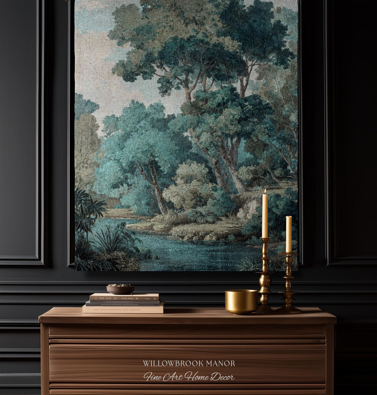 Hidden Grove Teal Blue Woven Tapestry | Romantic Waterside Landscape Serene Coastal Forest Throw Blanket Woodland Jacquard Tonalist Artwork