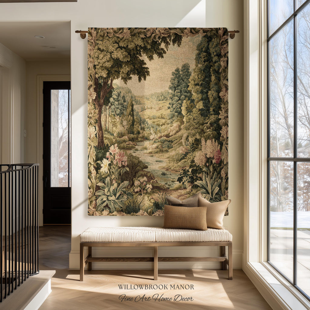 Floral Landscape French Verdure Aubusson Tapestry | Old World European Country Manor Art Mountain Meadow Riverbank Scene Woven Wall Decor