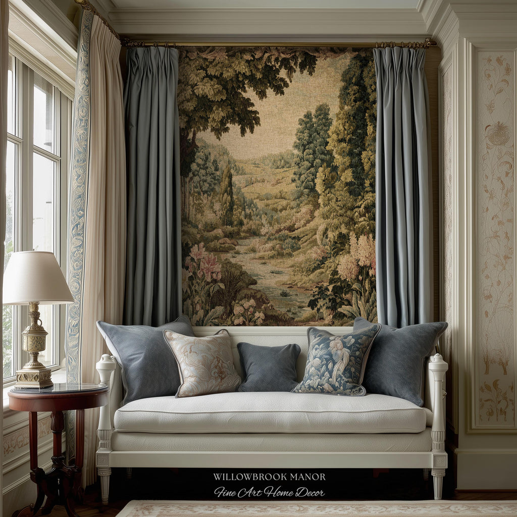 Floral Landscape French Verdure Aubusson Tapestry | Old World European Country Manor Art Mountain Meadow Riverbank Scene Woven Wall Decor