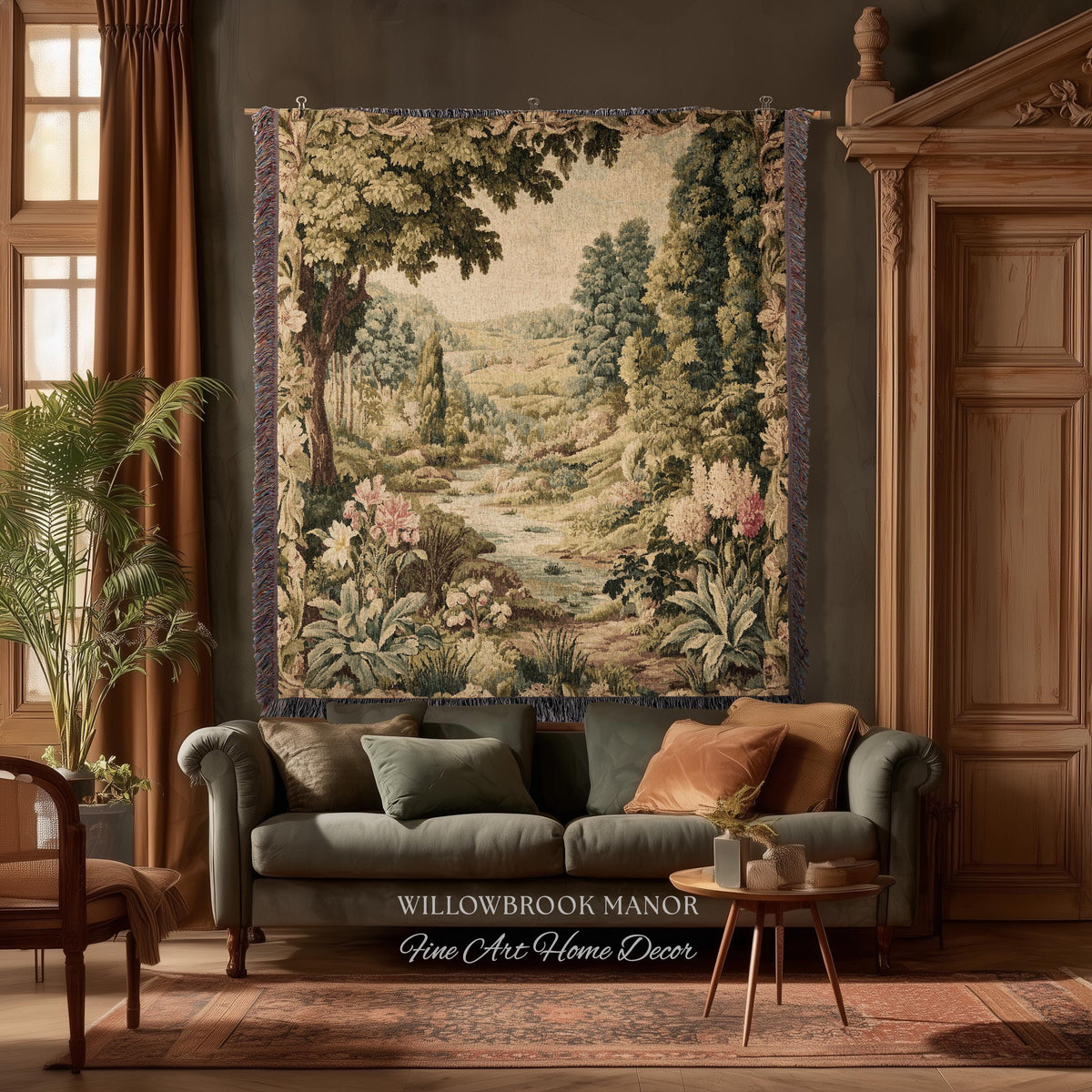 Floral Landscape French Verdure Aubusson Tapestry | Old World European Country Manor Art Mountain Meadow Riverbank Scene Woven Wall Decor