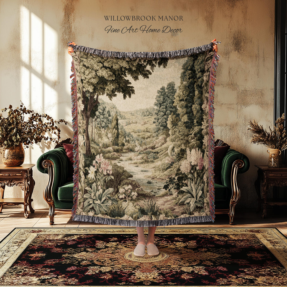 Floral Landscape French Verdure Aubusson Tapestry | Old World European Country Manor Art Mountain Meadow Riverbank Scene Woven Wall Decor
