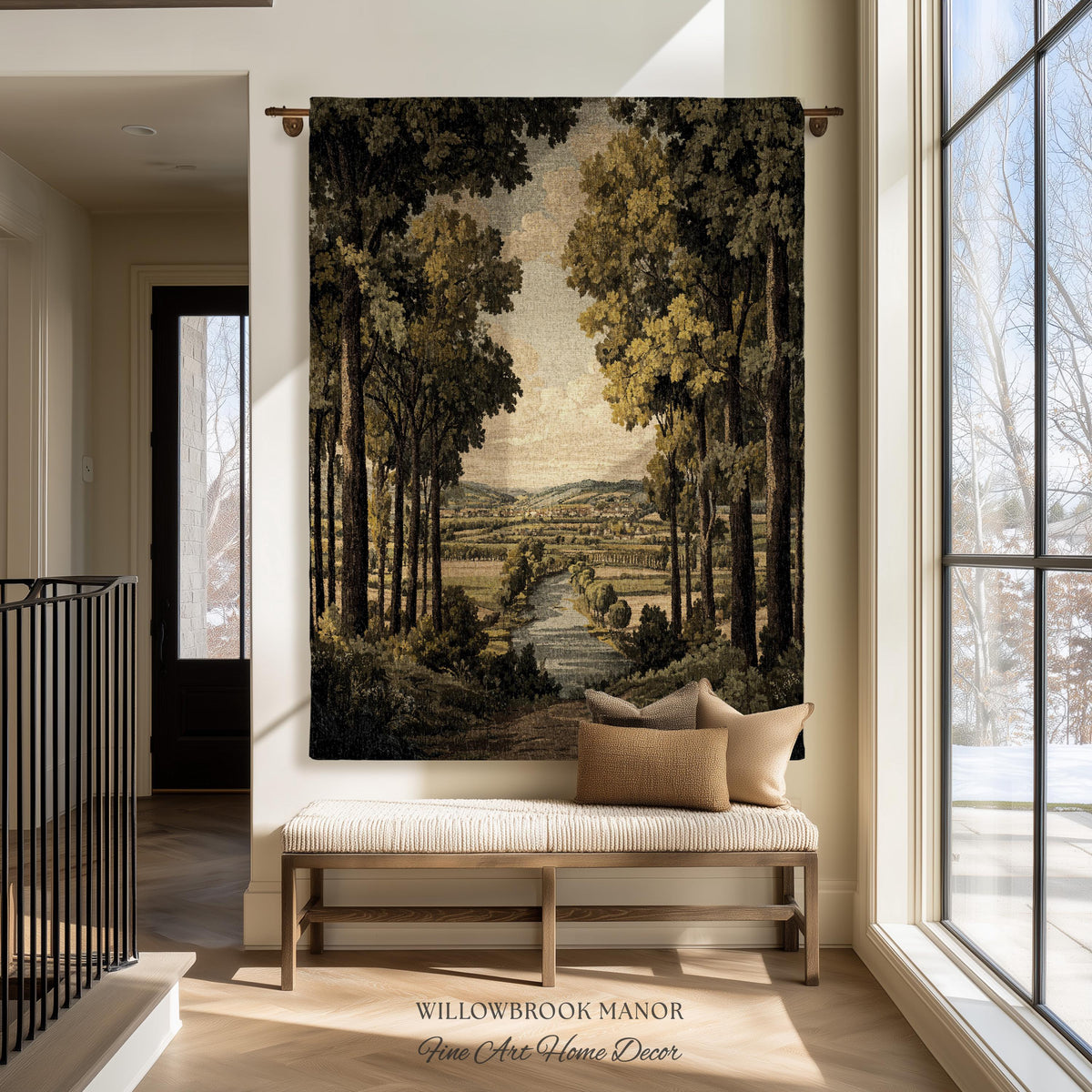 18th Century Style European Rustic Woodland River Art Classical Tapestry Jacquard Weaving | French Countryside Woven Textile Landscape Decor