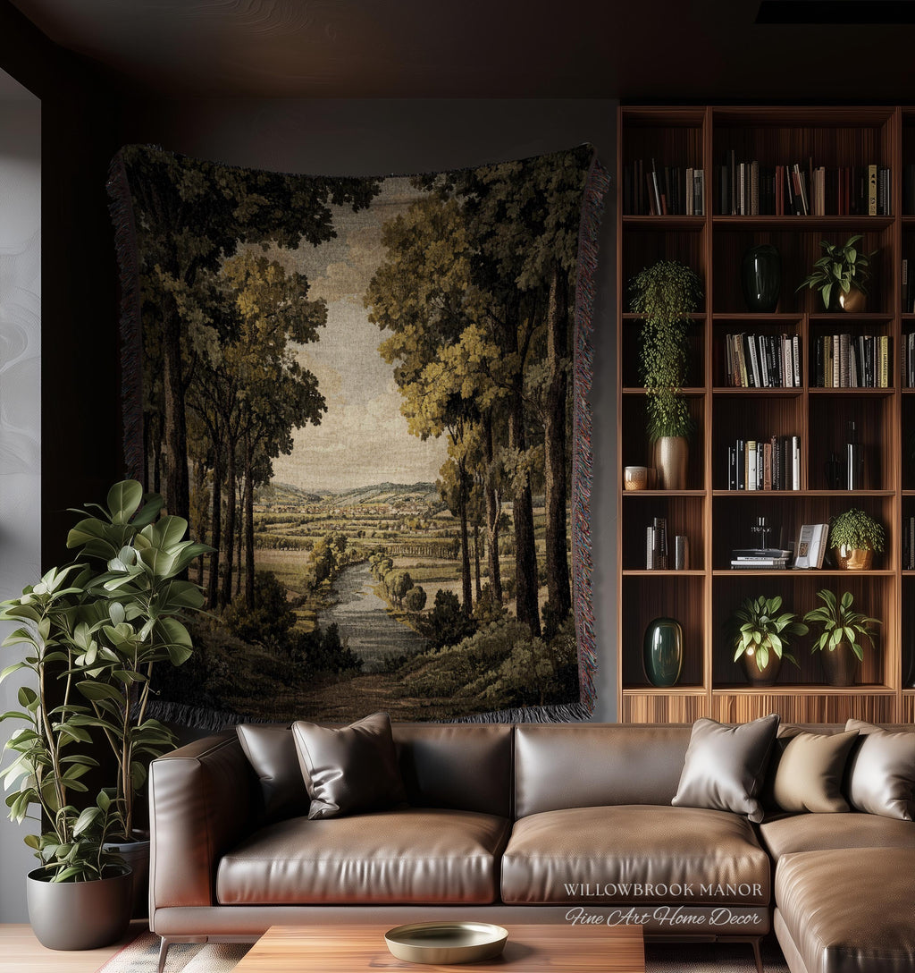 18th Century Style European Rustic Woodland River Art Classical Tapestry Jacquard Weaving | French Countryside Woven Textile Landscape Decor
