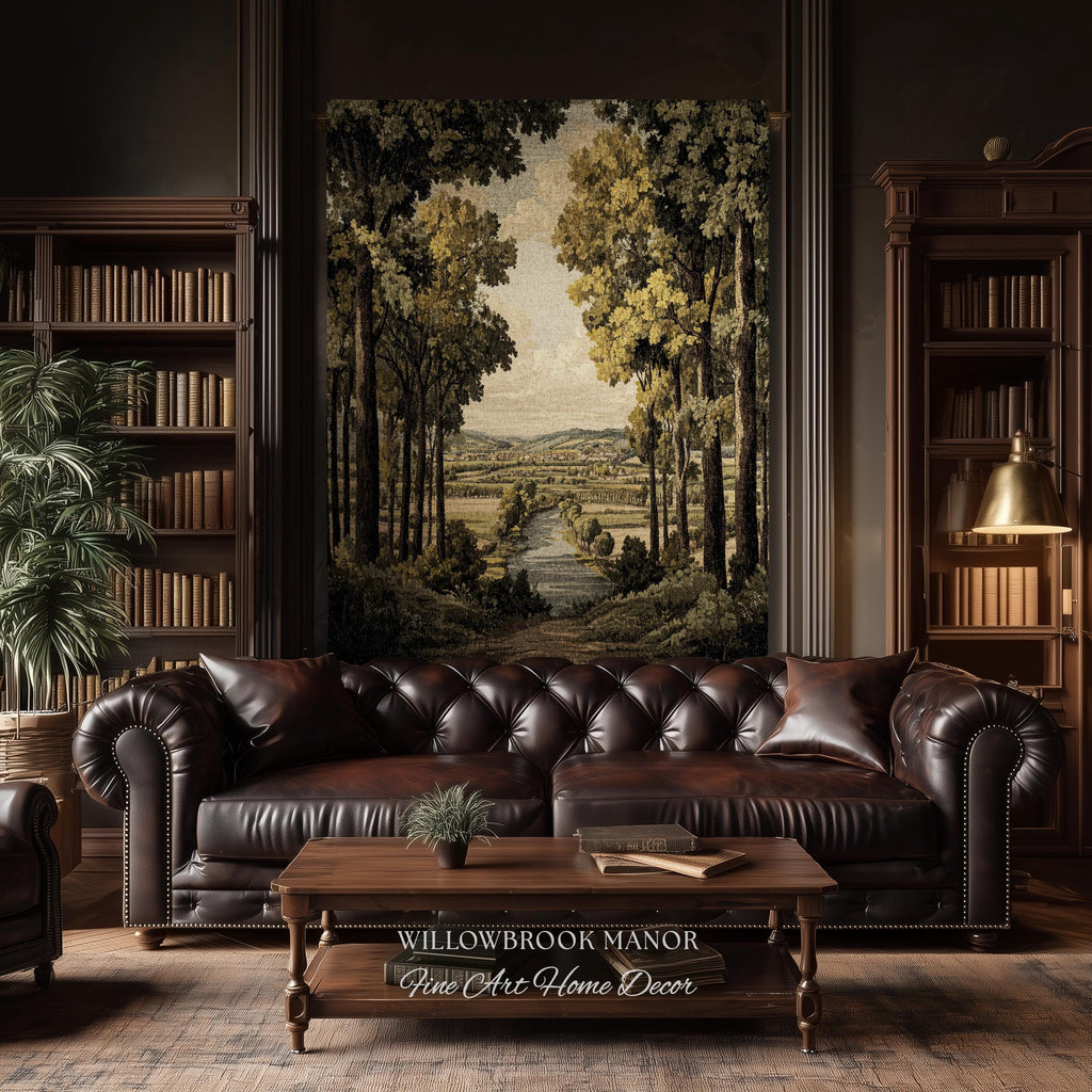 18th Century Style European Rustic Woodland River Art Classical Tapestry Jacquard Weaving | French Countryside Woven Textile Landscape Decor