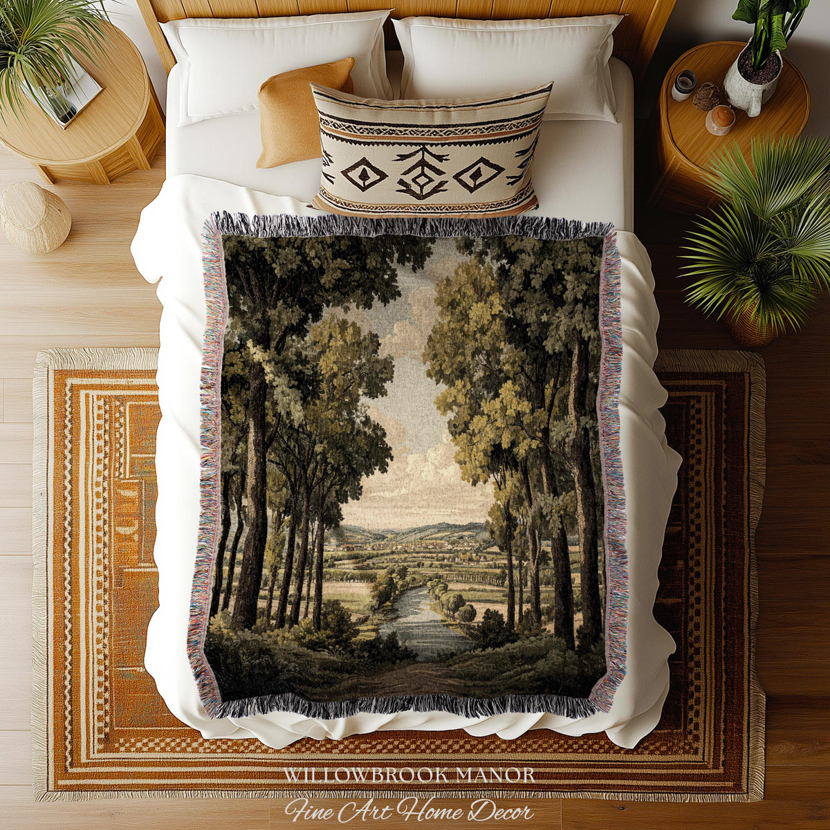 18th Century Style European Rustic Woodland River Art Classical Tapestry Jacquard Weaving | French Countryside Woven Textile Landscape Decor