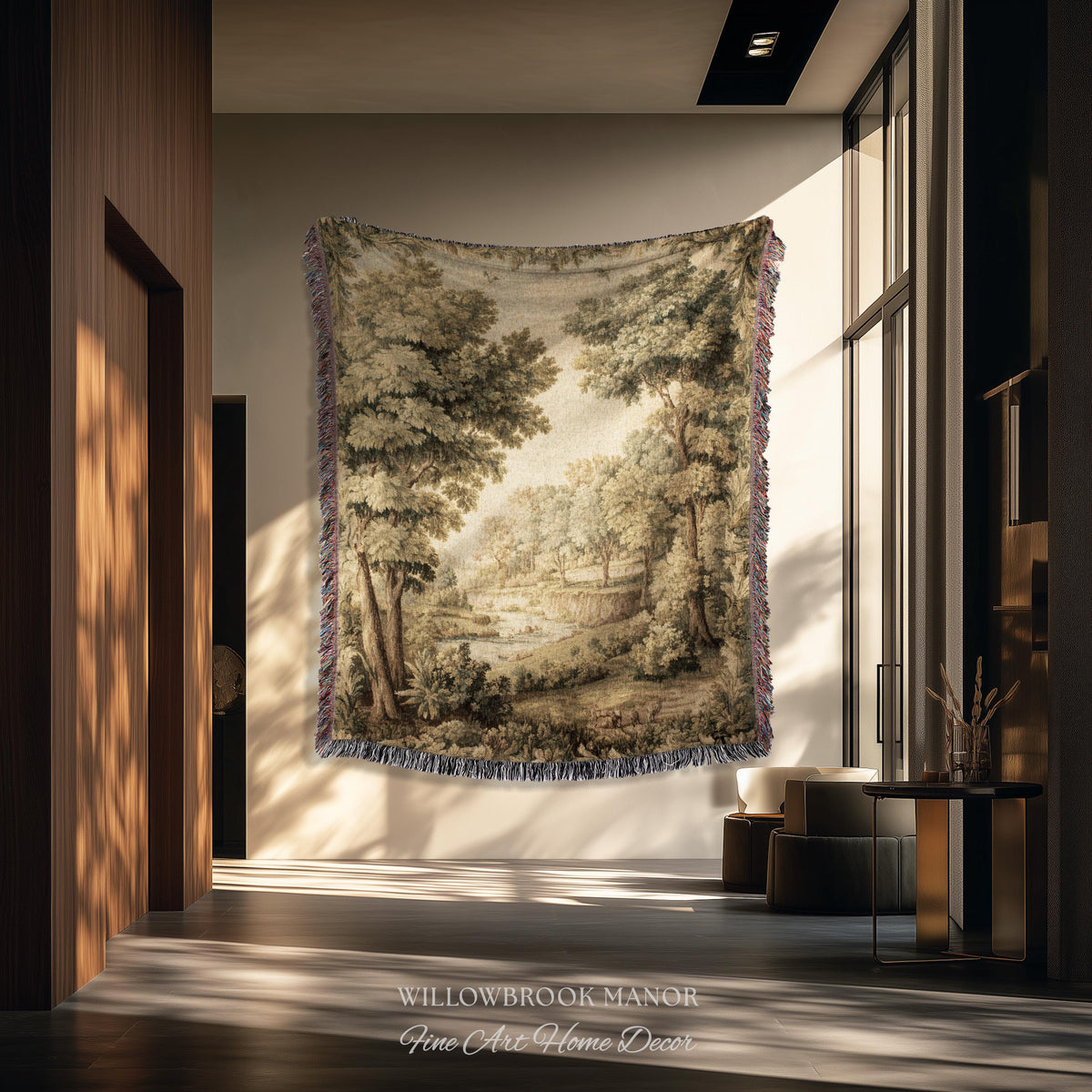 Classic Old World Countryside Riverbank Tapestry Throw Neutral Landscape Textile Art | Elegant Nature Woodland Woven Blanket Wall Hanging