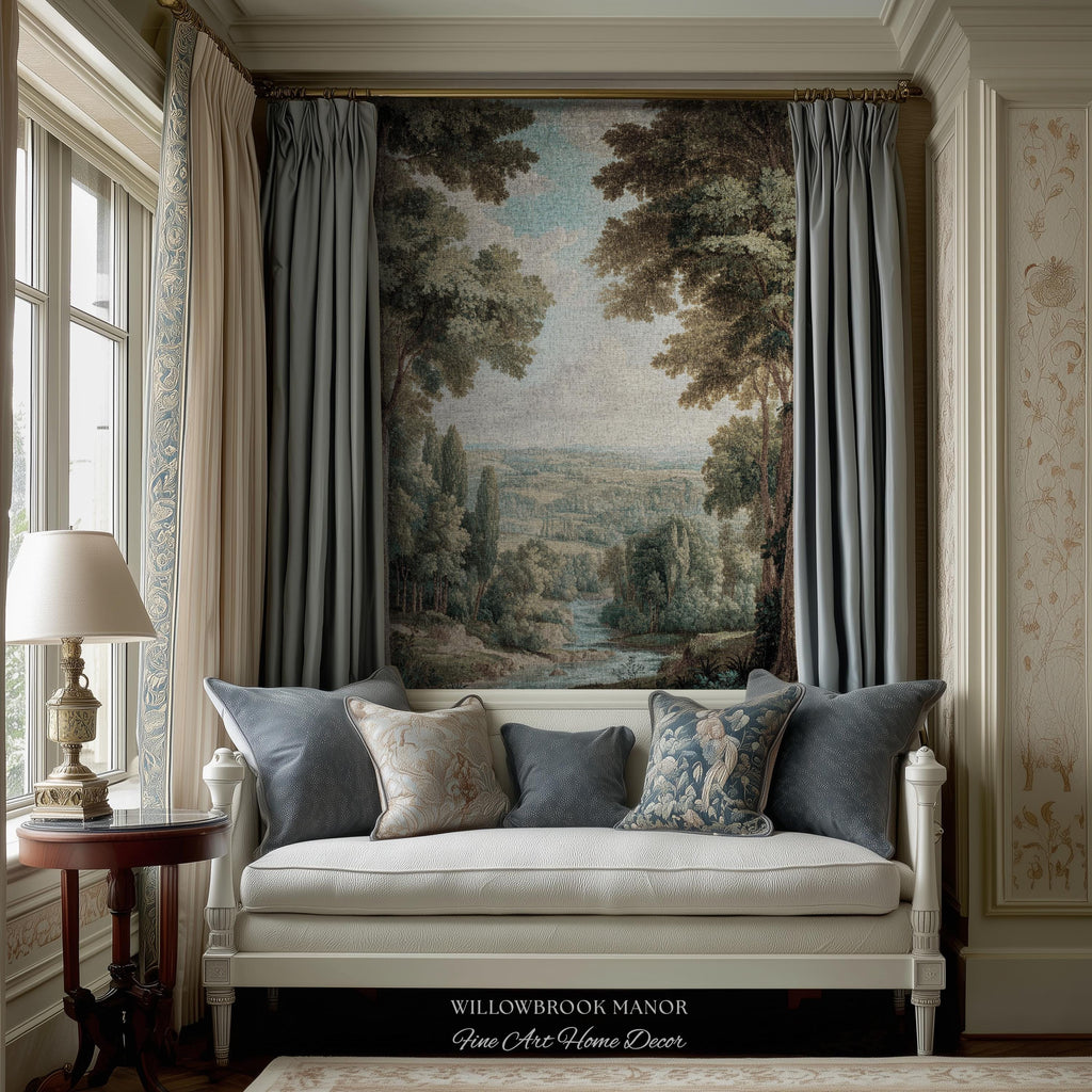 Elegant Landscape Tapestry Hanging French Verdure Art, Whimsical Nature Mountain River View European Blanket Soft Woven Wall Nostalgic Decor
