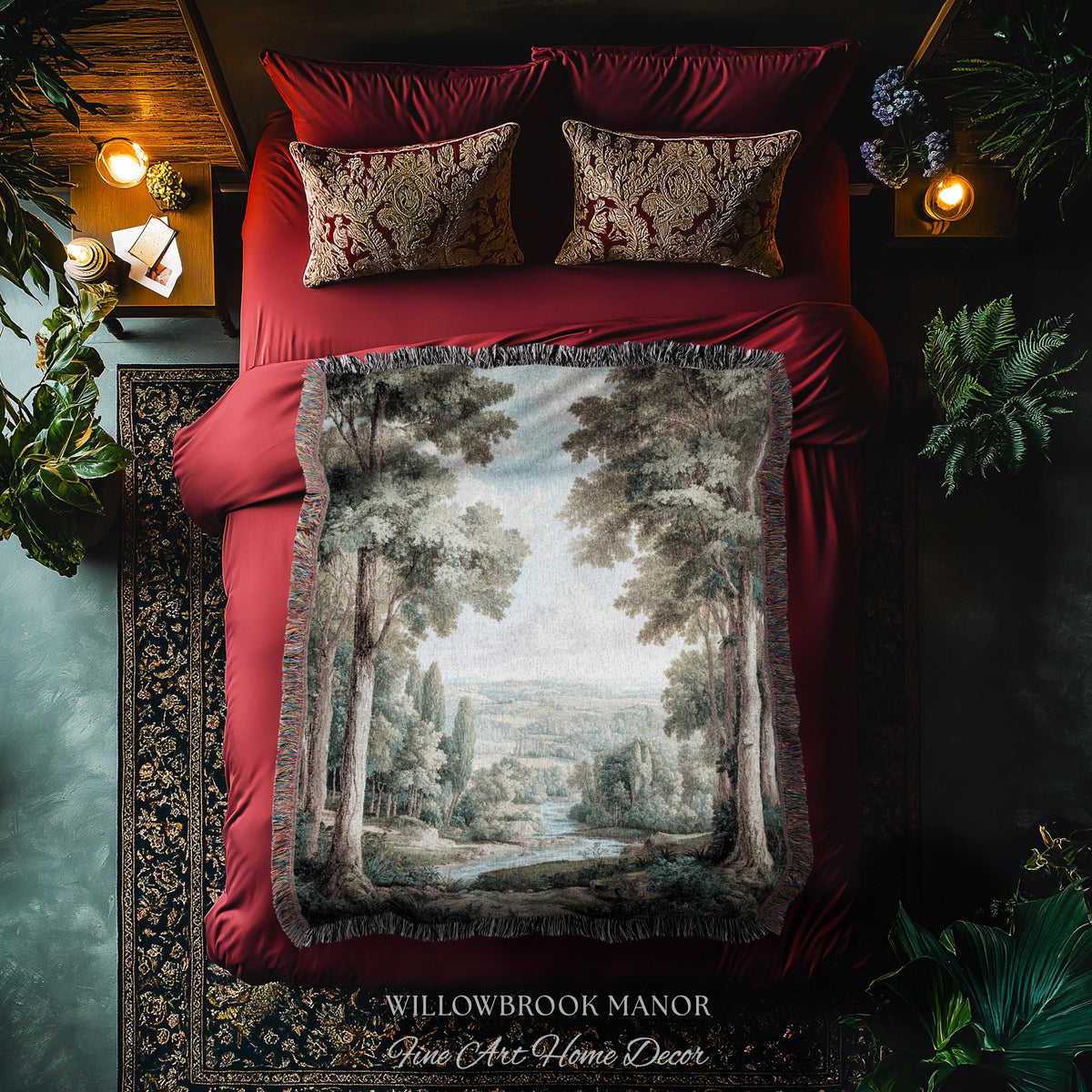 Elegant Landscape Tapestry Hanging French Verdure Art, Whimsical Nature Mountain River View European Blanket Soft Woven Wall Nostalgic Decor