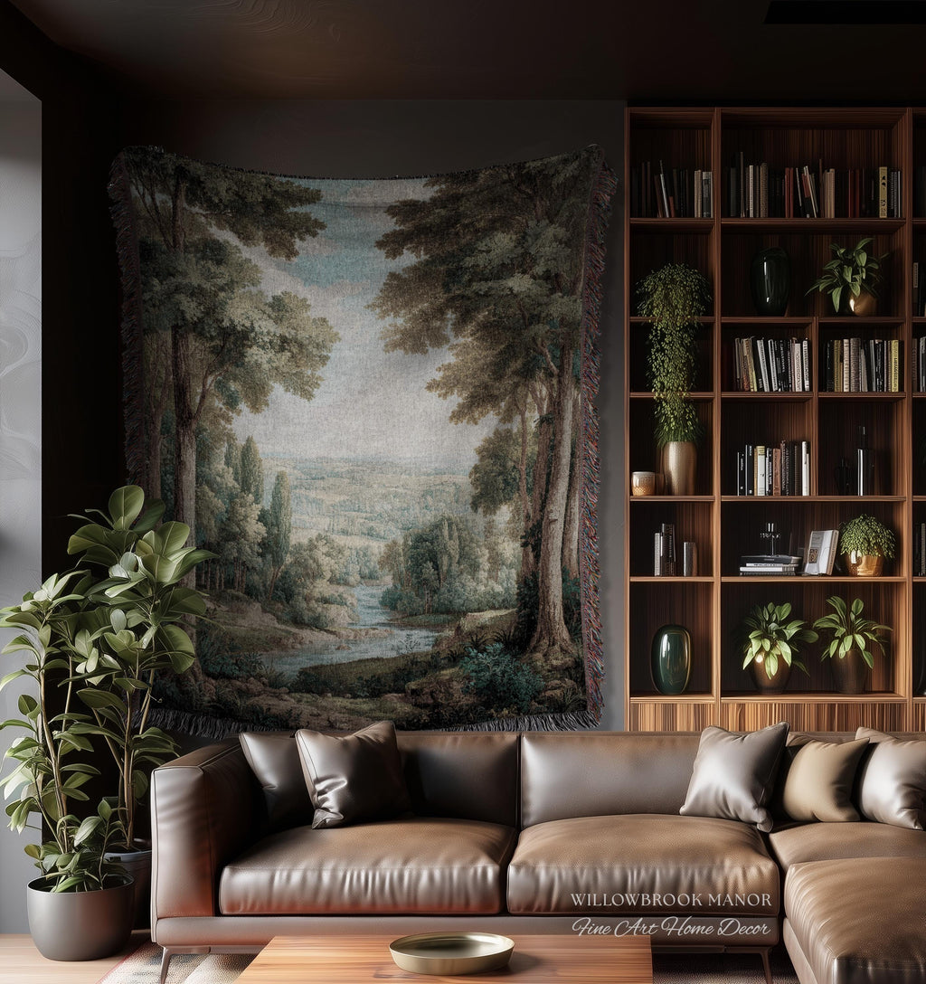 Elegant Landscape Tapestry Hanging French Verdure Art, Whimsical Nature Mountain River View European Blanket Soft Woven Wall Nostalgic Decor