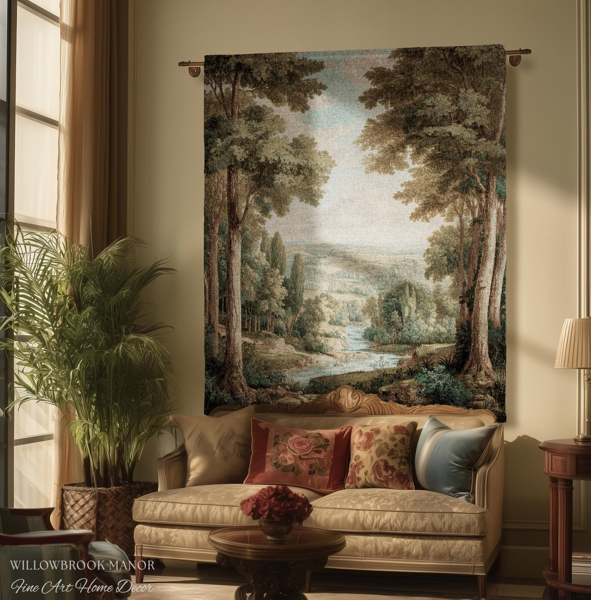 Elegant Landscape Tapestry Hanging French Verdure Art, Whimsical Nature Mountain River View European Blanket Soft Woven Wall Nostalgic Decor