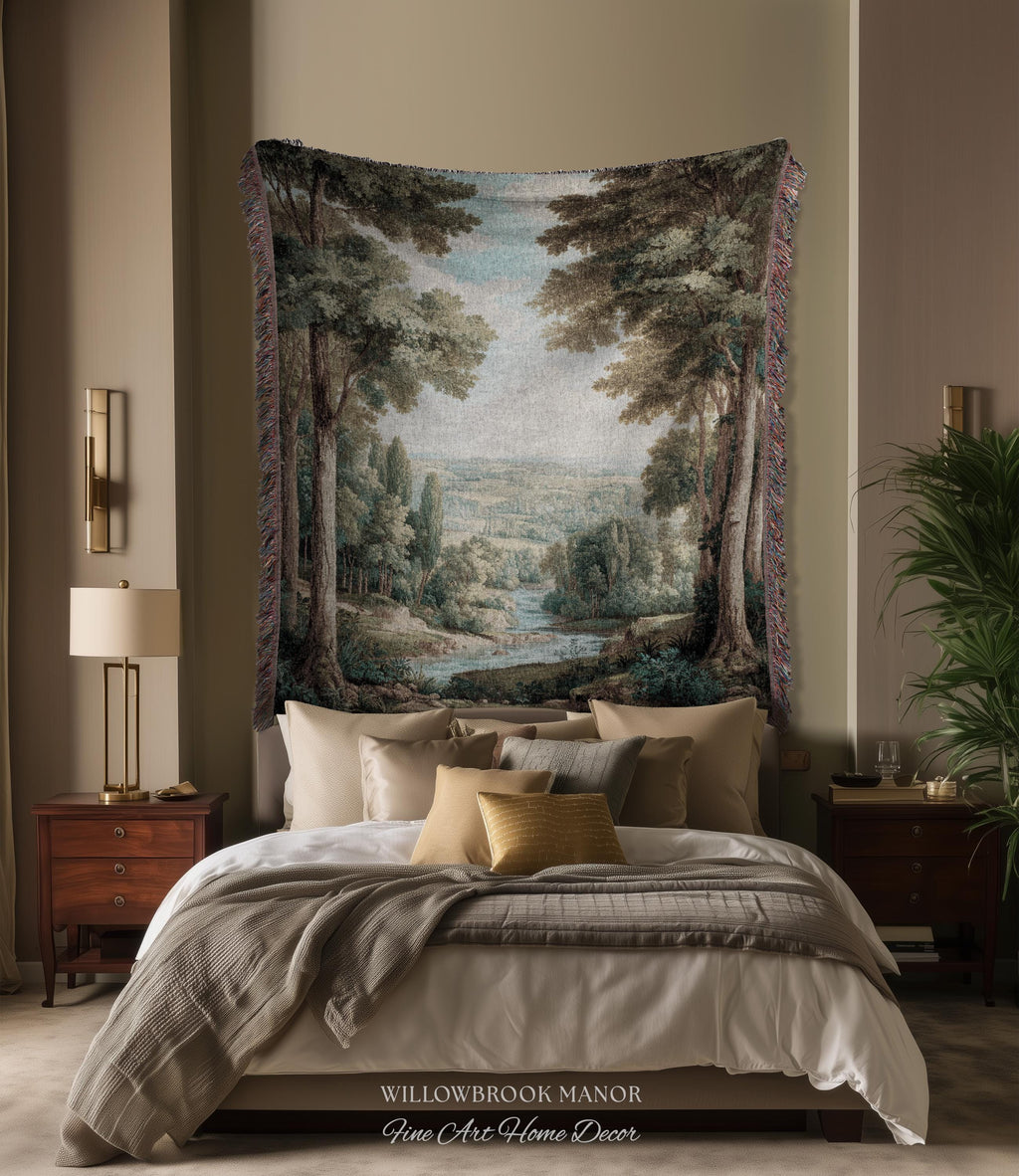 Elegant Landscape Tapestry Hanging French Verdure Art, Whimsical Nature Mountain River View European Blanket Soft Woven Wall Nostalgic Decor