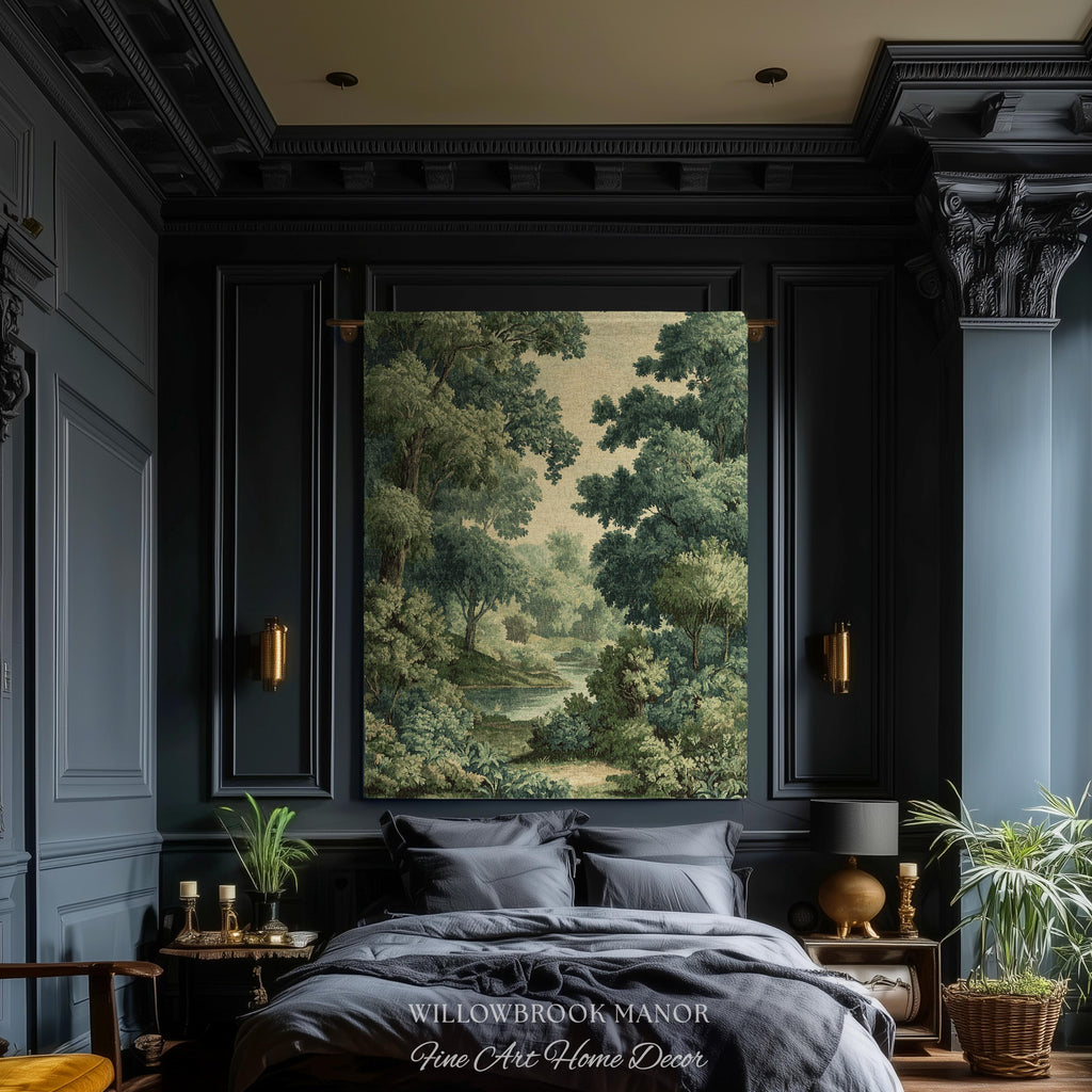 Verdant Woodland Forest Stream Woven Tapestry Decor Jacquard Wall Art, Heirloom Quality Classical Landscape Old World Charm River Scene View
