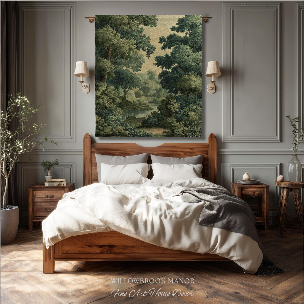 Verdant Woodland Forest Stream Woven Tapestry Decor Jacquard Wall Art, Heirloom Quality Classical Landscape Old World Charm River Scene View
