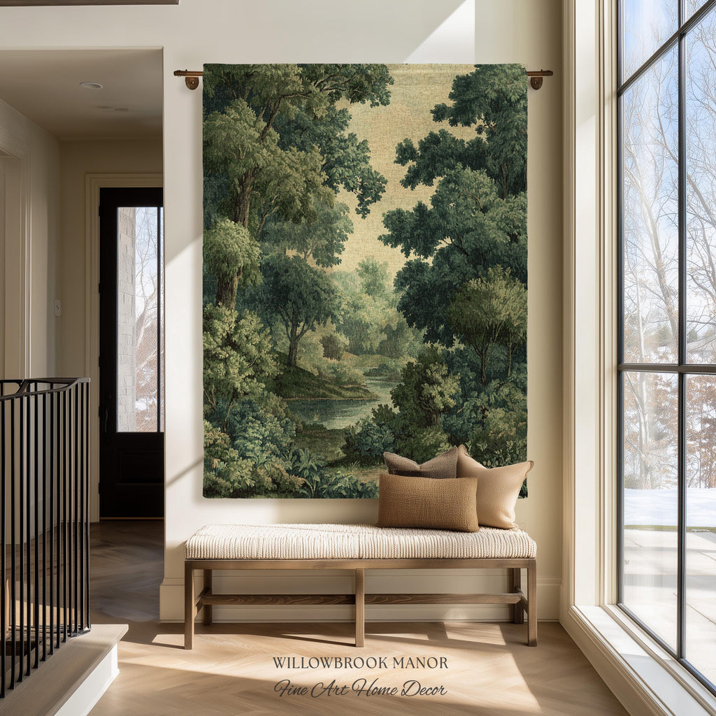 Verdant Woodland Forest Stream Woven Tapestry Decor Jacquard Wall Art, Heirloom Quality Classical Landscape Old World Charm River Scene View