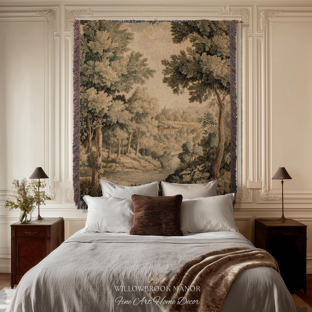 Soft Nature Tapestry Pastoral Wall Art Riverbank Scene 18th Century Decor | Muted Green Landscape Verdure Tapestries Scenic Woven Blanket