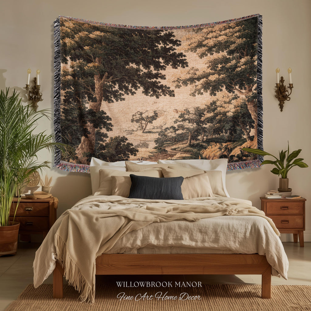 Earthy Woodland Woven Hanging Jacquard Tapestry Throw Blanket Old World Home Decor, Elegant English Country Foggy Woods Rustic Landscape Art